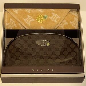 Celine Brown and Tan Monogrammed Makeup Pouch and Towel Set with 4 Leaf Clover